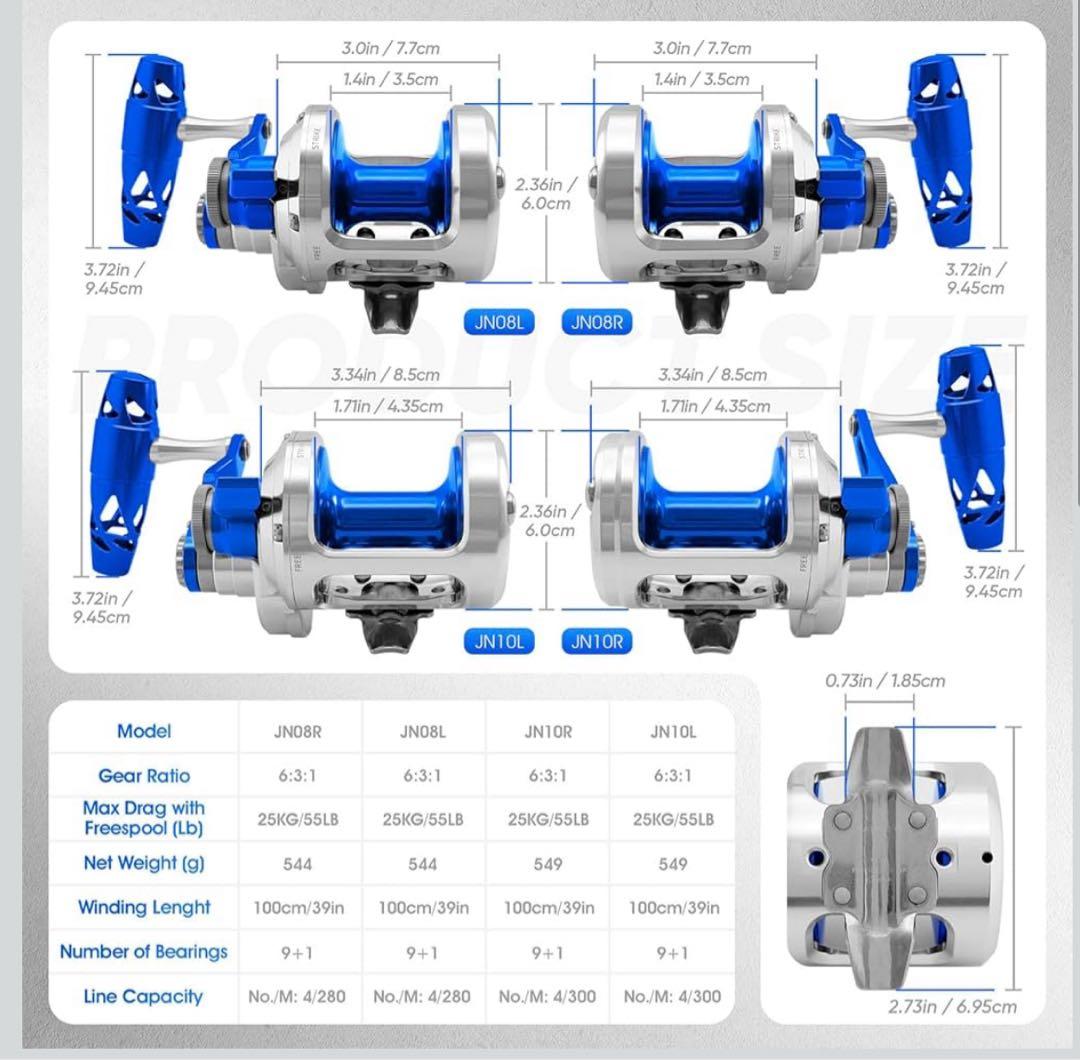 ASHCONFISH 両軸 ジギングリール 最大ドラグ力25KG JN08L左手