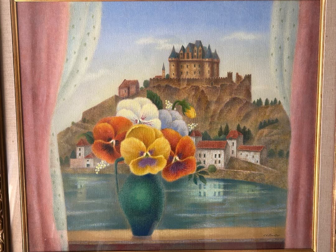 立松富雄作『花とシャトー』(油彩)