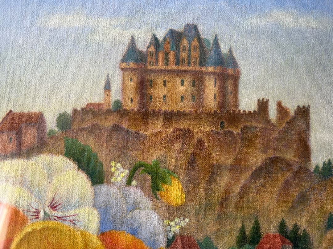 立松富雄作『花とシャトー』(油彩)