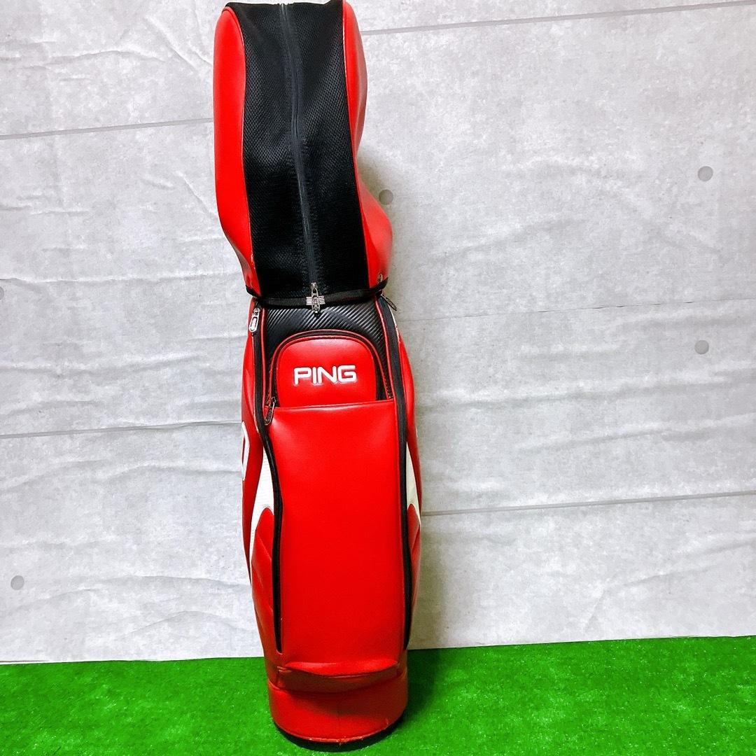 PING ゴルフ キャディバッグ レッド 9型 5分割 カート式 PUレザー
