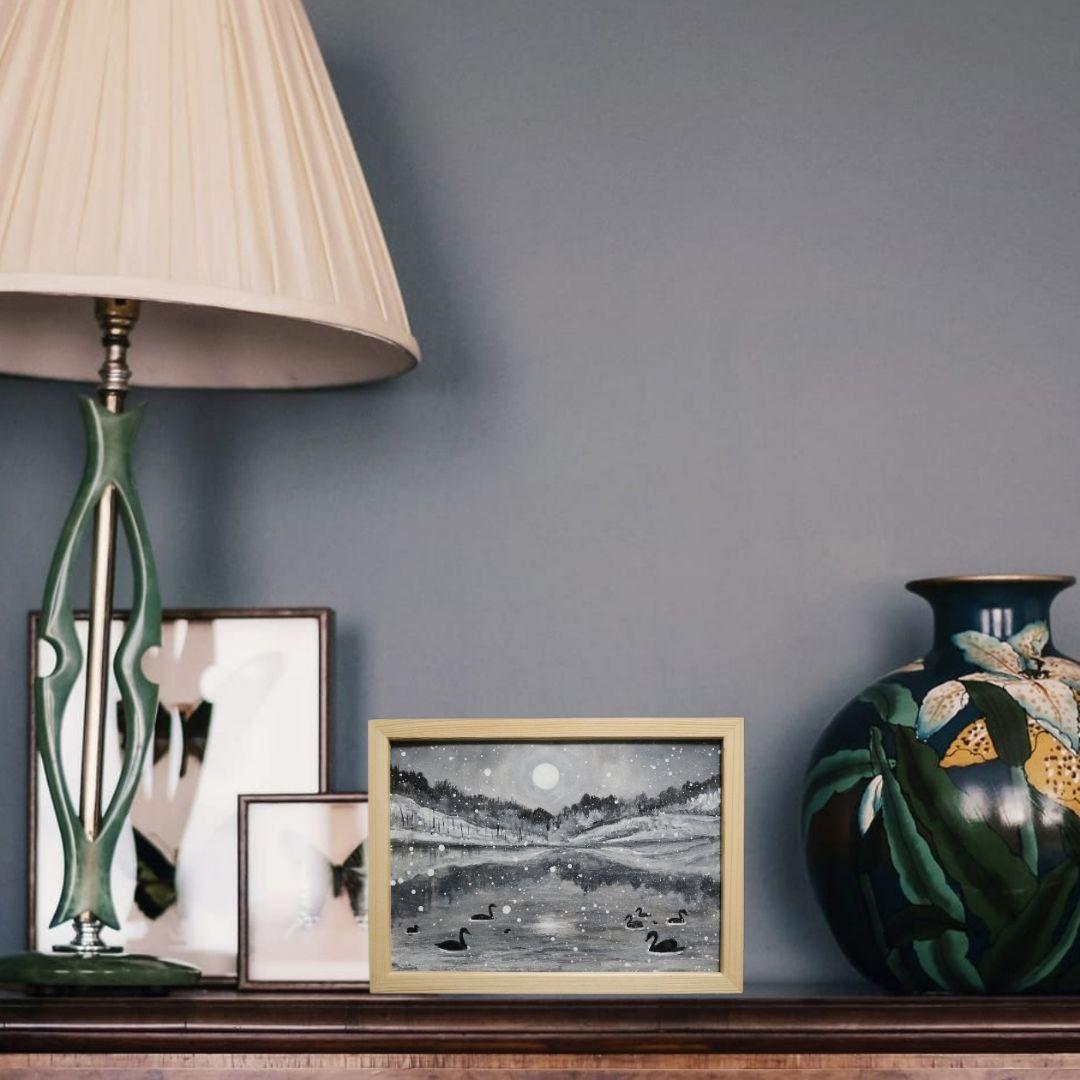 油絵 油彩 油彩画 絵 絵画 【白黒風景のハクチョウ池】