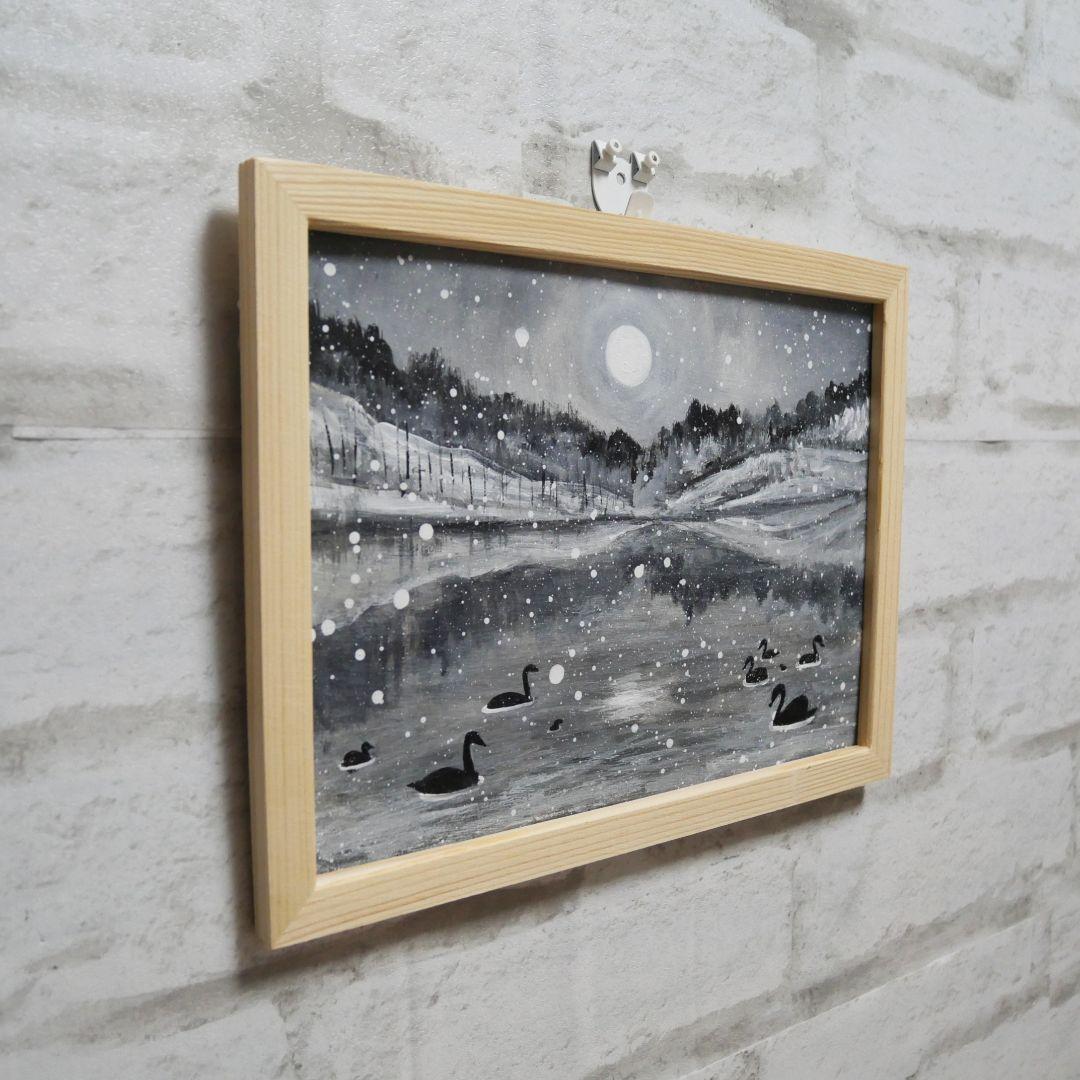 油絵 油彩 油彩画 絵 絵画 【白黒風景のハクチョウ池】