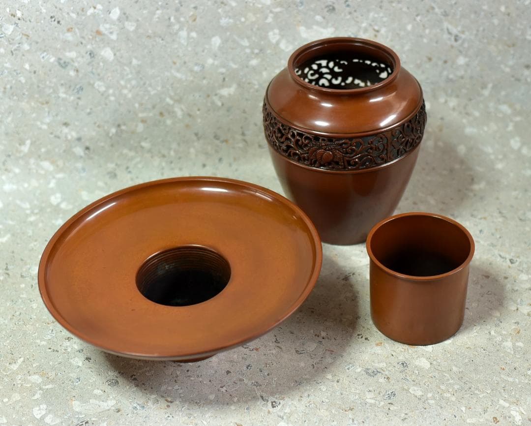 値下げ勝雲造　池坊、唐銅金属　薄葉田、花器　【極上品】花道　共箱