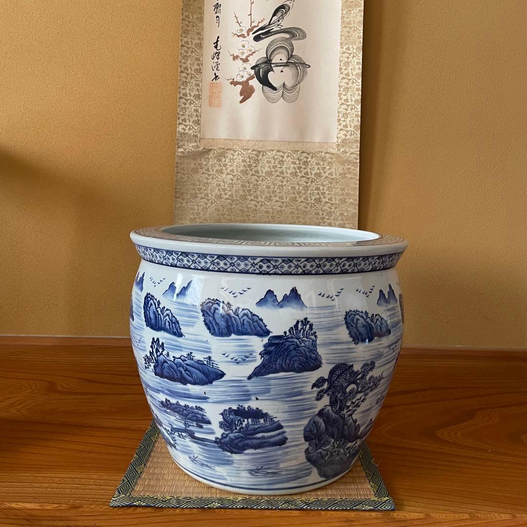 染付 山水図 火鉢 陶器 メダカ鉢 金魚鉢 睡蓮鉢 骨董品