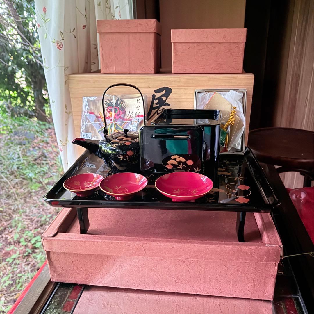 超限定1月21日20時迄‼️JAPAN天然木会津塗お屠蘇器蒔絵松竹梅四ッ揃杉箱入