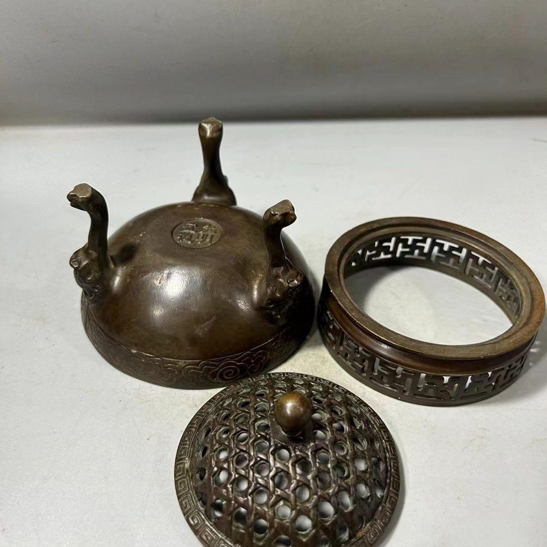 銅器 三層獅足祥雲紋薫香炉 茶道檀香炉 盤香炉 仏具 工芸品 置物