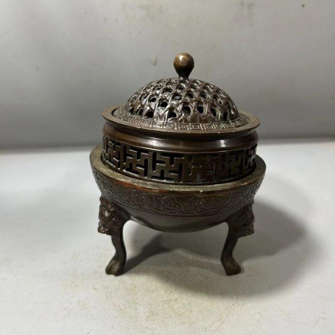 銅器 三層獅足祥雲紋薫香炉 茶道檀香炉 盤香炉 仏具 工芸品 置物