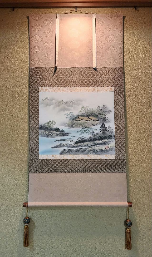 水墨画 掛軸 風景画 九谷焼 タッセル セット 青粒 渦打青粒金唐草