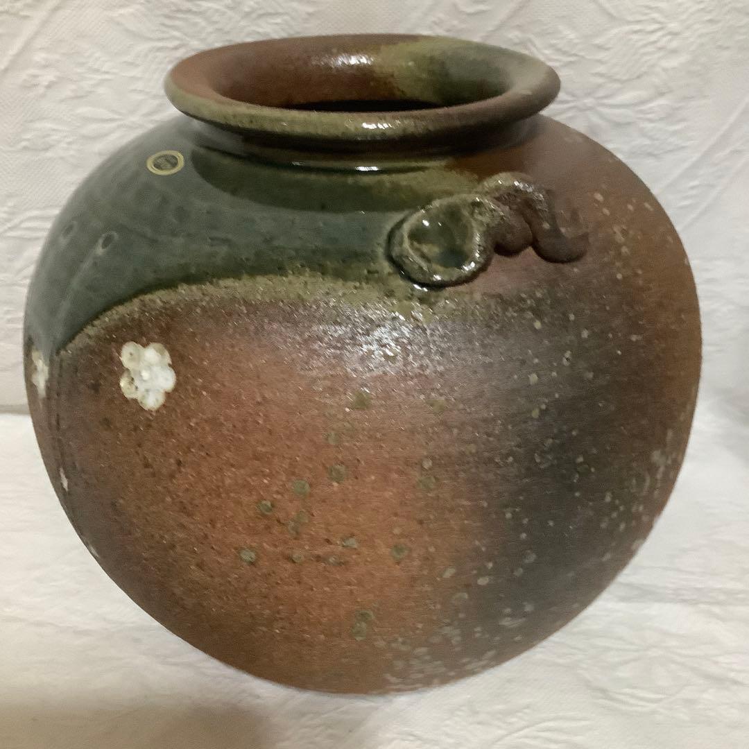 【新品　未使用】　信楽焼　「明山作」　花瓶　大型　取手茶道具　桐箱入り
