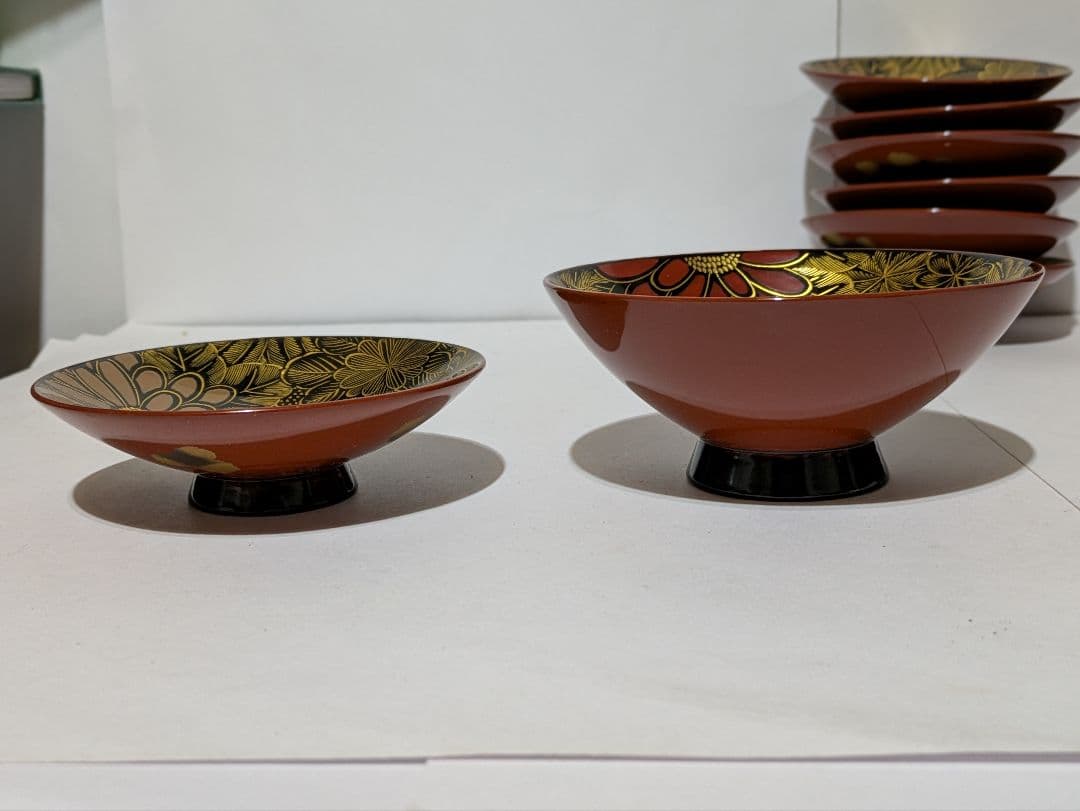 リケさん専用輪島塗、蒔絵金彩細工、沈金菊模様、木製、蓋付椀、吸物椀、10客、箱付