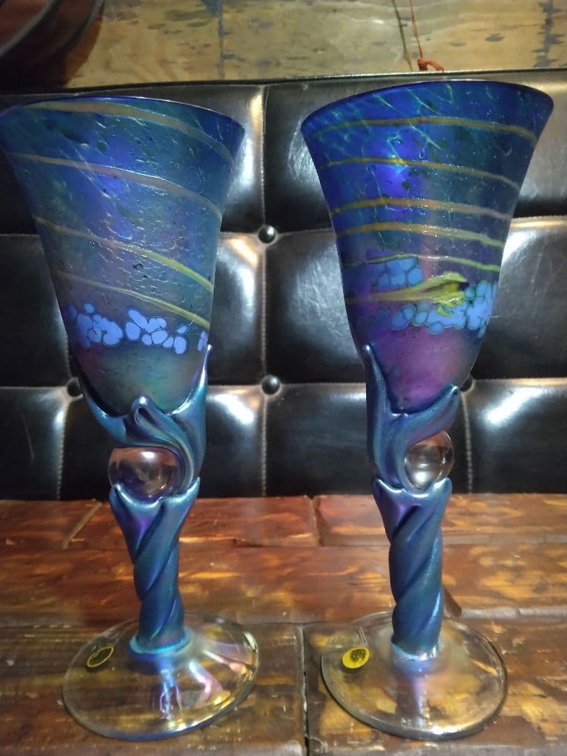 一点物　コリン・ヒーニー　ゴブレット　2個　アート　グラス　吹きガラス　サイン