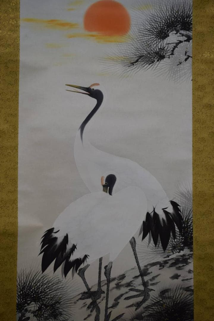 真作/美節/松上双鶴図/布袋屋掛軸HD-900