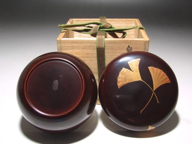 ☆　和田喜太郎　瑾斎　銀杏蒔絵　溜平棗　裏千家　十四代　淡々斎の花押☆y619