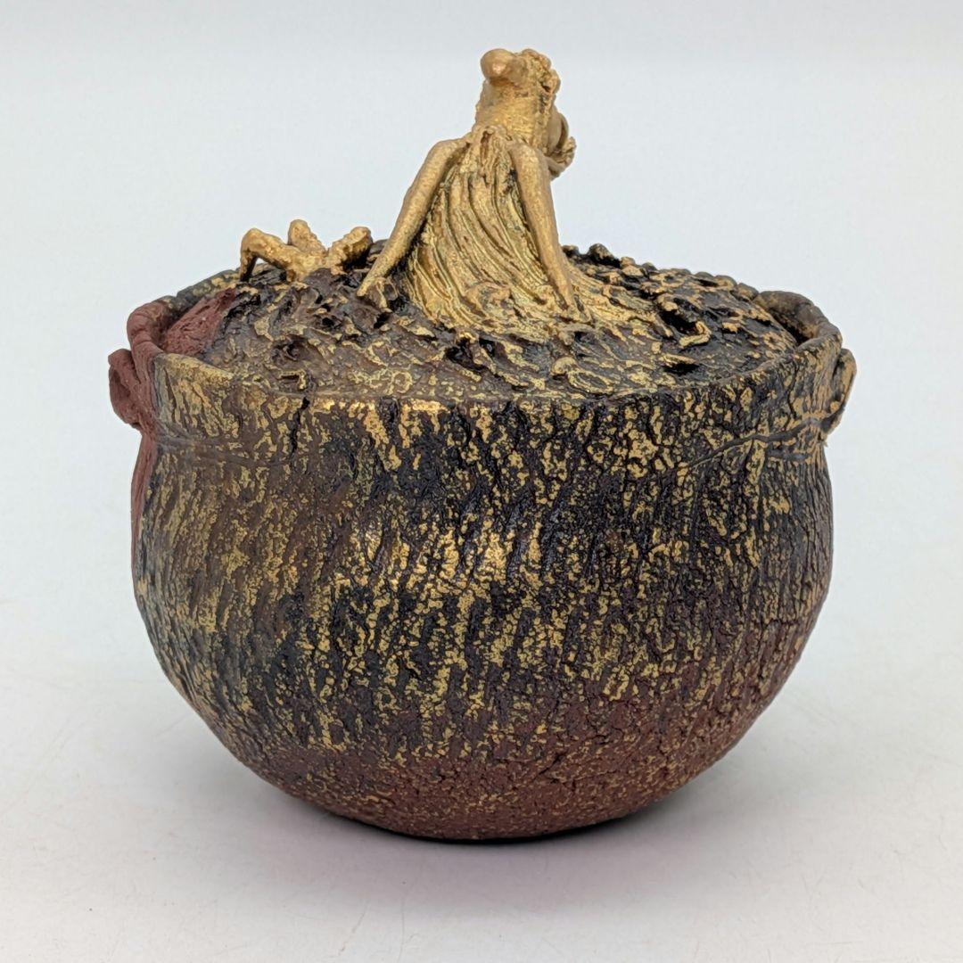 鈴木篤夫 備前焼 金彩備前龍摘宝瓶 四方桟共箱共布栞 手造り宝瓶 煎茶道具 竜