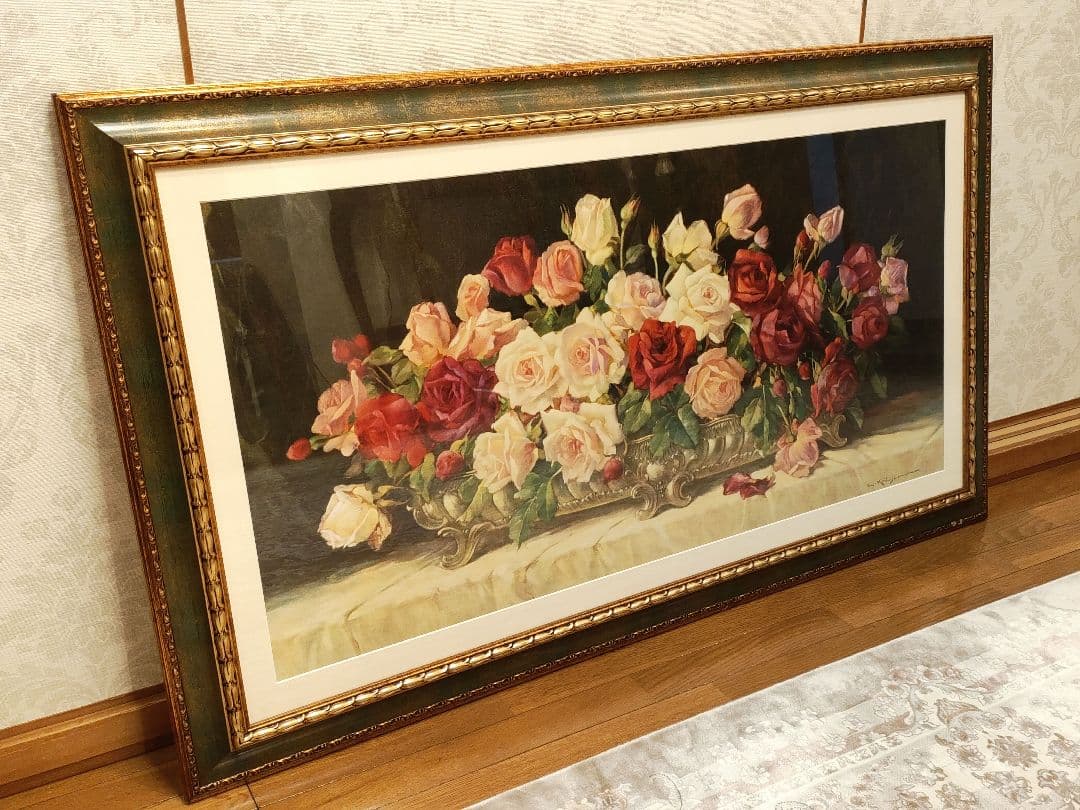 ローズ　油絵風絵画　大型フレーム