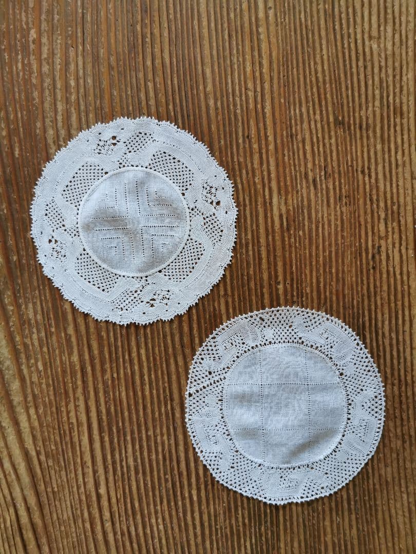 アンティークベルギー フランダースレース ドイリー 透かしクロス格子 2枚セット