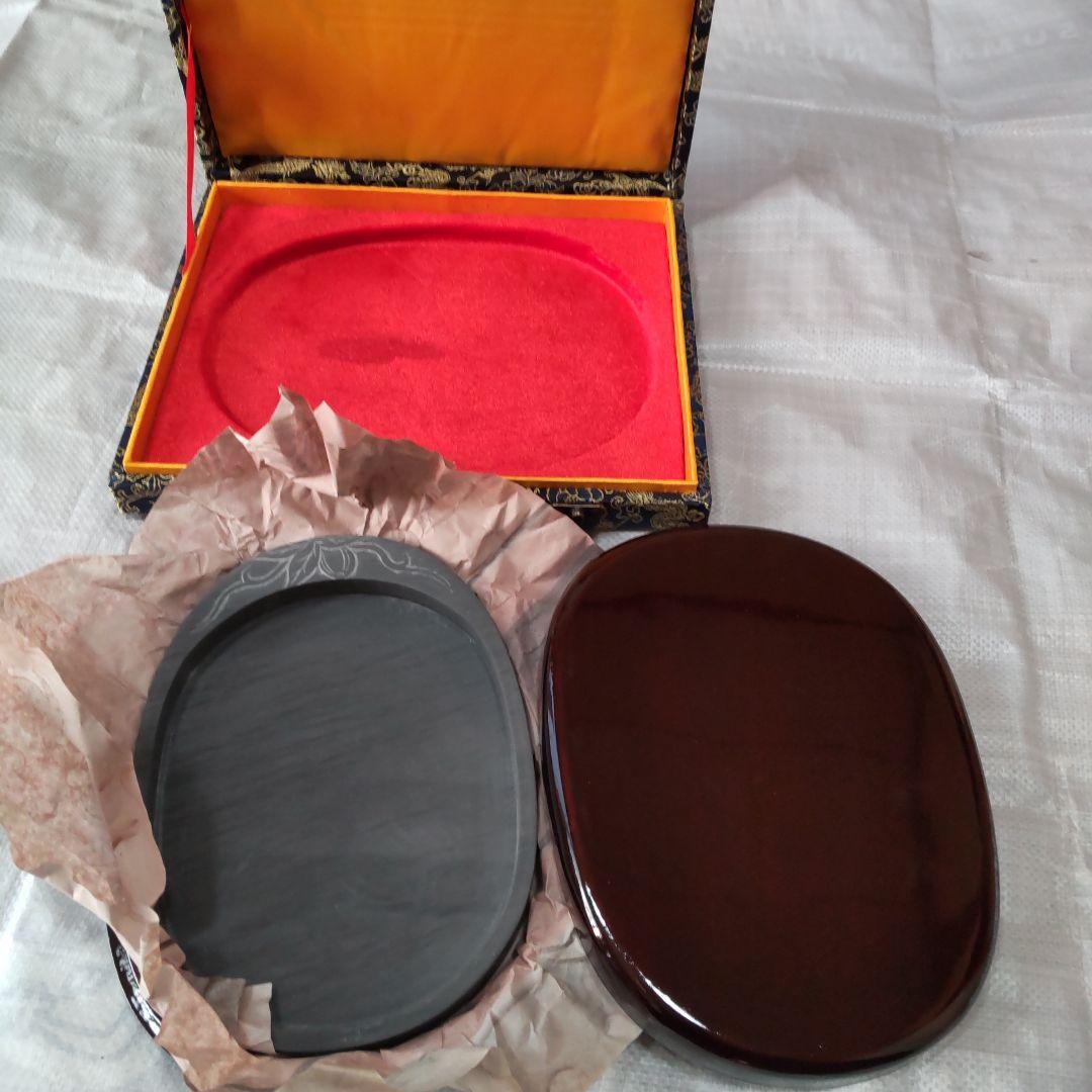 【貴重・未使用】書道 歙州硯 硯 水浪紋楕円硯 8寸 箱付