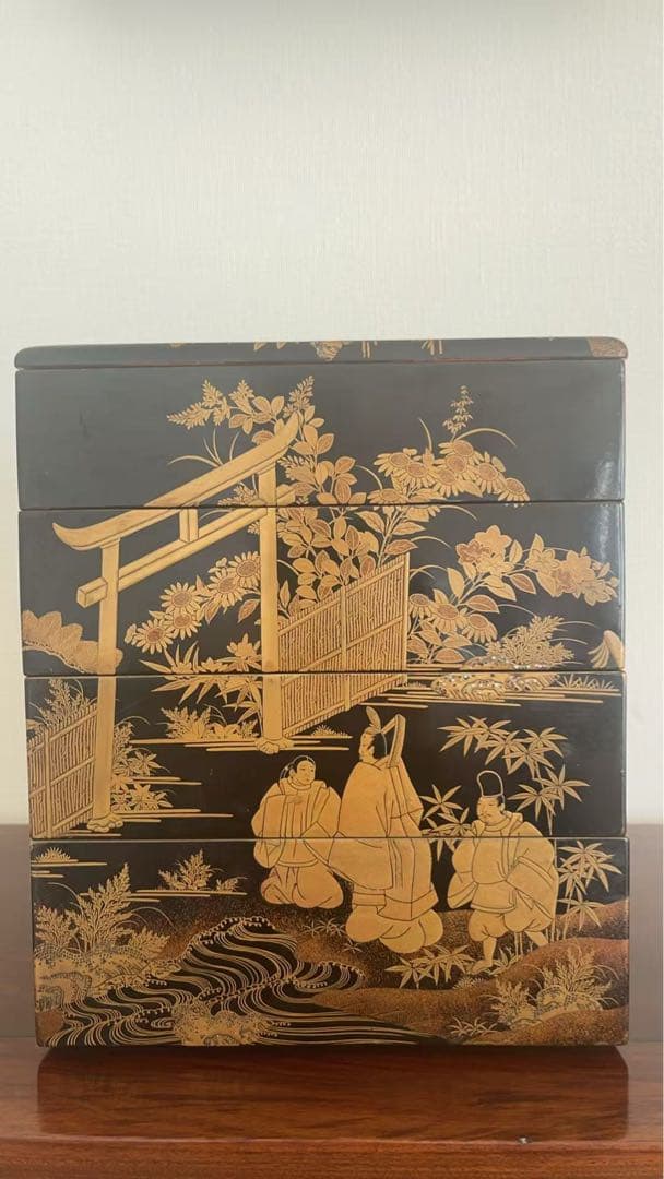 蒔絵 人物文 黒漆 五段重箱 平安風図絵 金蒔絵 漆芸 木製 箱付