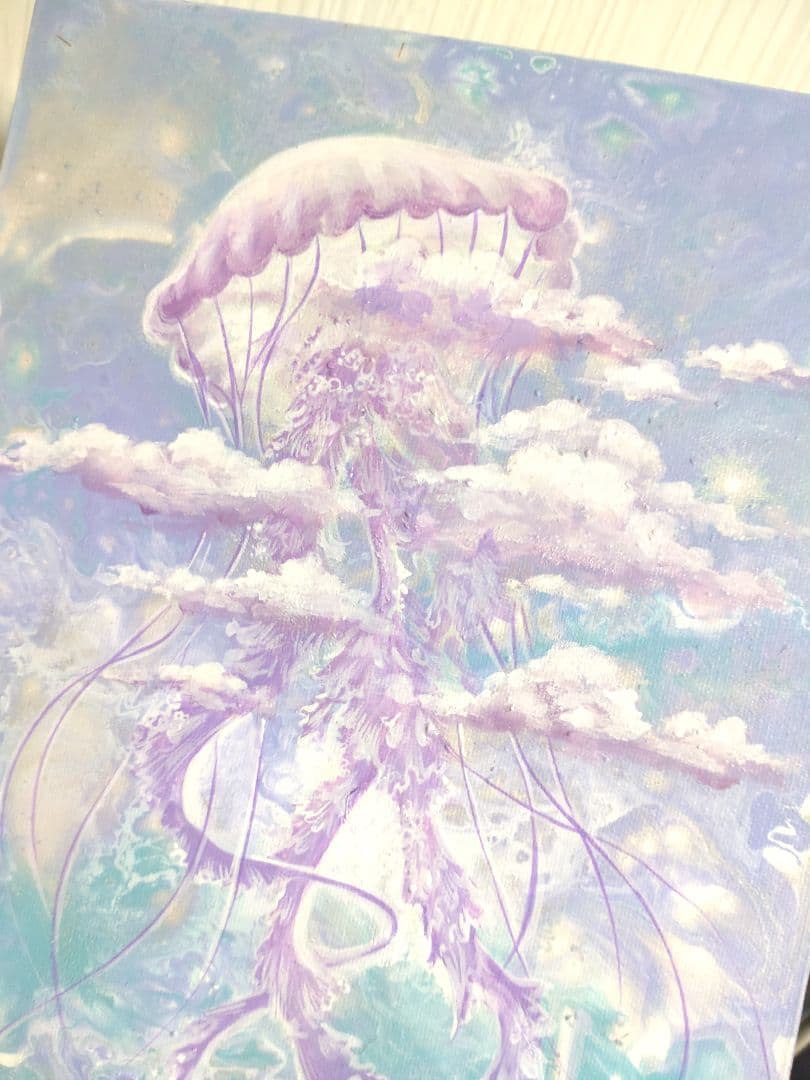 クラゲの油絵【浮遊】作者サイン入り/真作/F3号キャンバス