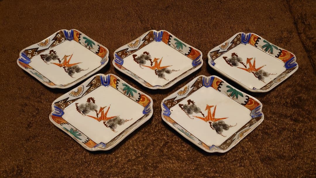 古伊万里　伊万里　色絵　鶴の図　菱形皿　５客
