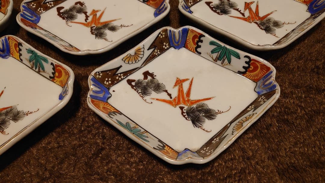 古伊万里　伊万里　色絵　鶴の図　菱形皿　５客