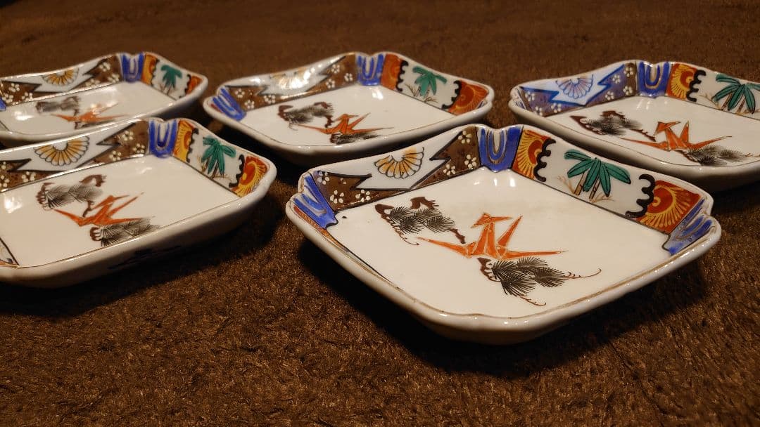 古伊万里　伊万里　色絵　鶴の図　菱形皿　５客