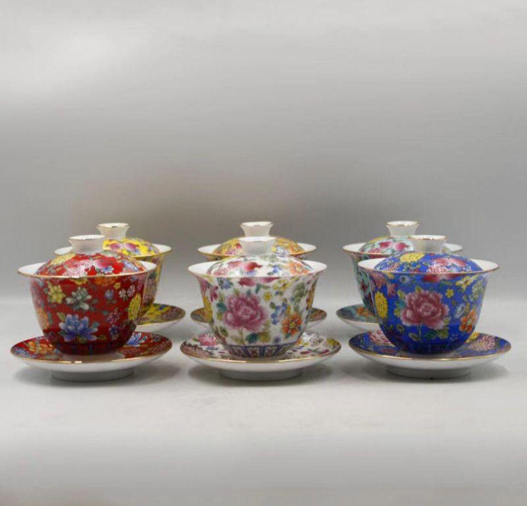 景徳鎮 磁器粉彩色万華蓋碗 高級な茶器 茶碗6個セット