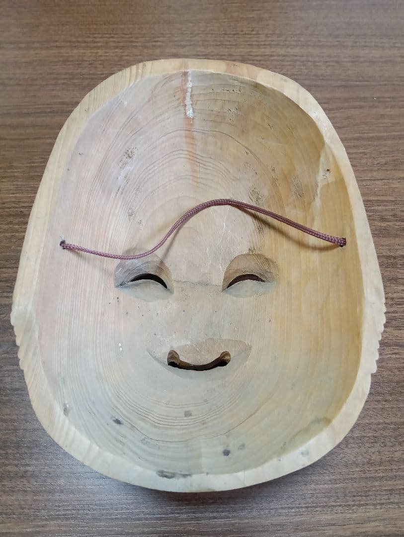 イケディア　骨董　木製面　おかめ 　手掘り　木彫り　壁掛け　お面　B