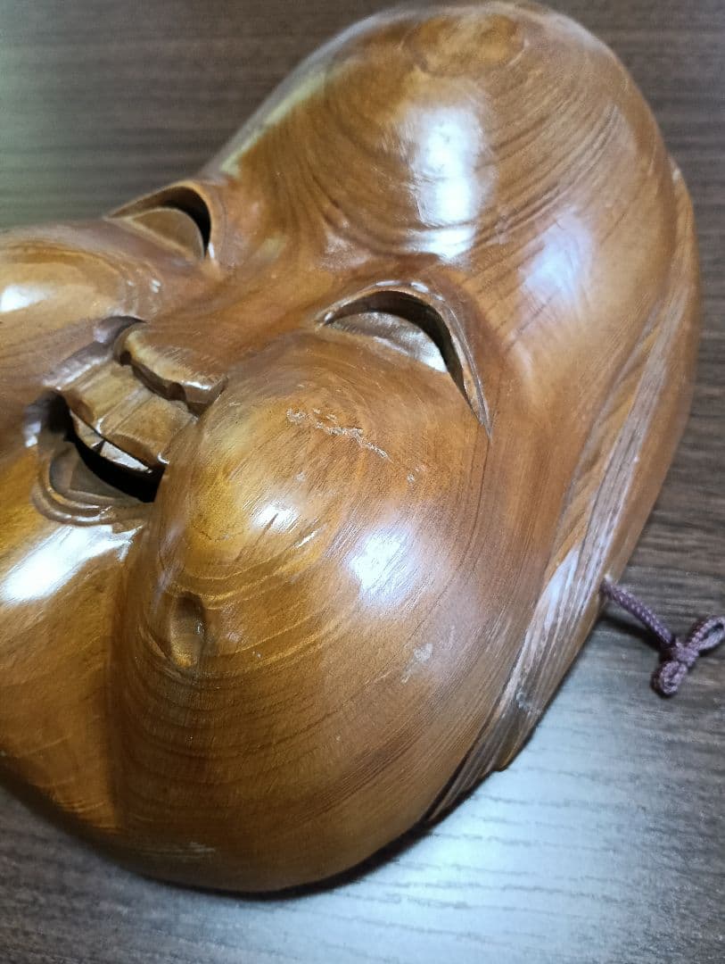 イケディア　骨董　木製面　おかめ 　手掘り　木彫り　壁掛け　お面　B