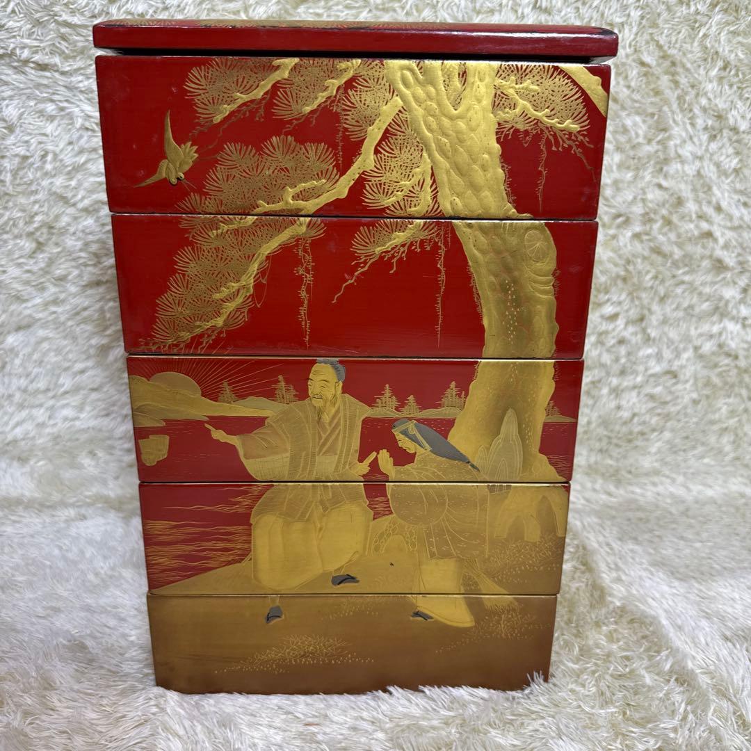 高砂蒔絵　朱塗五重　重箱　お重
