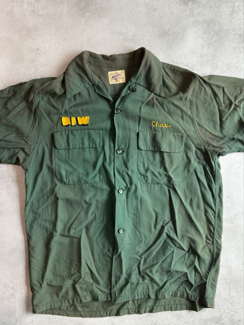 ビンテージ60s レーヨン ボーリングシャツ 刺繍ロゴ　カーキ