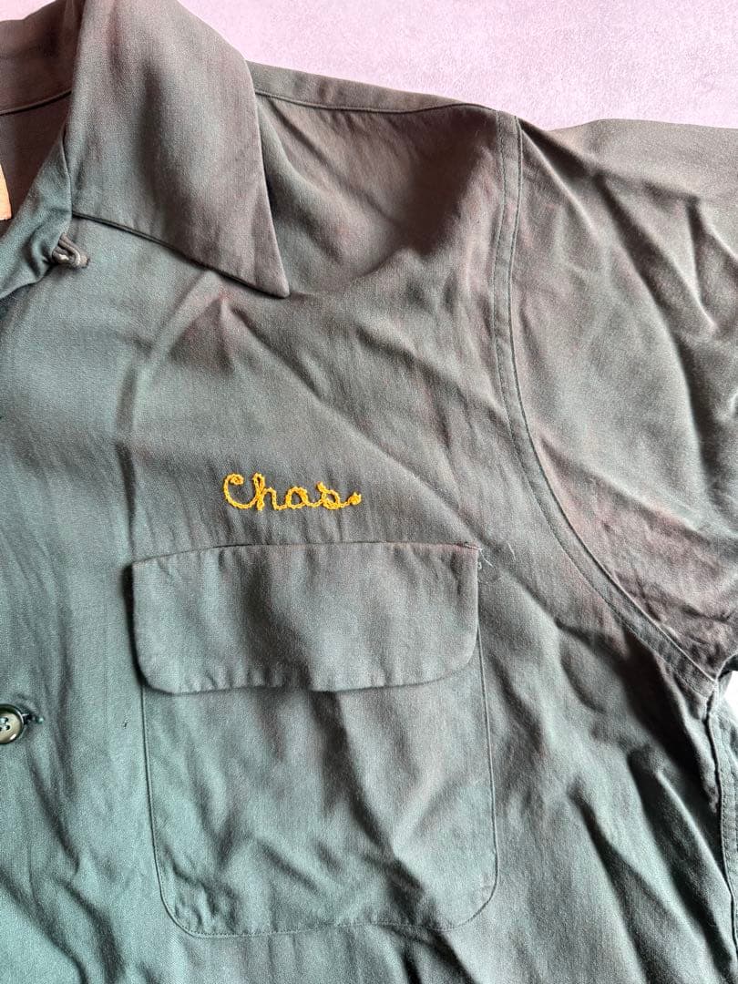 ビンテージ60s レーヨン ボーリングシャツ 刺繍ロゴ　カーキ