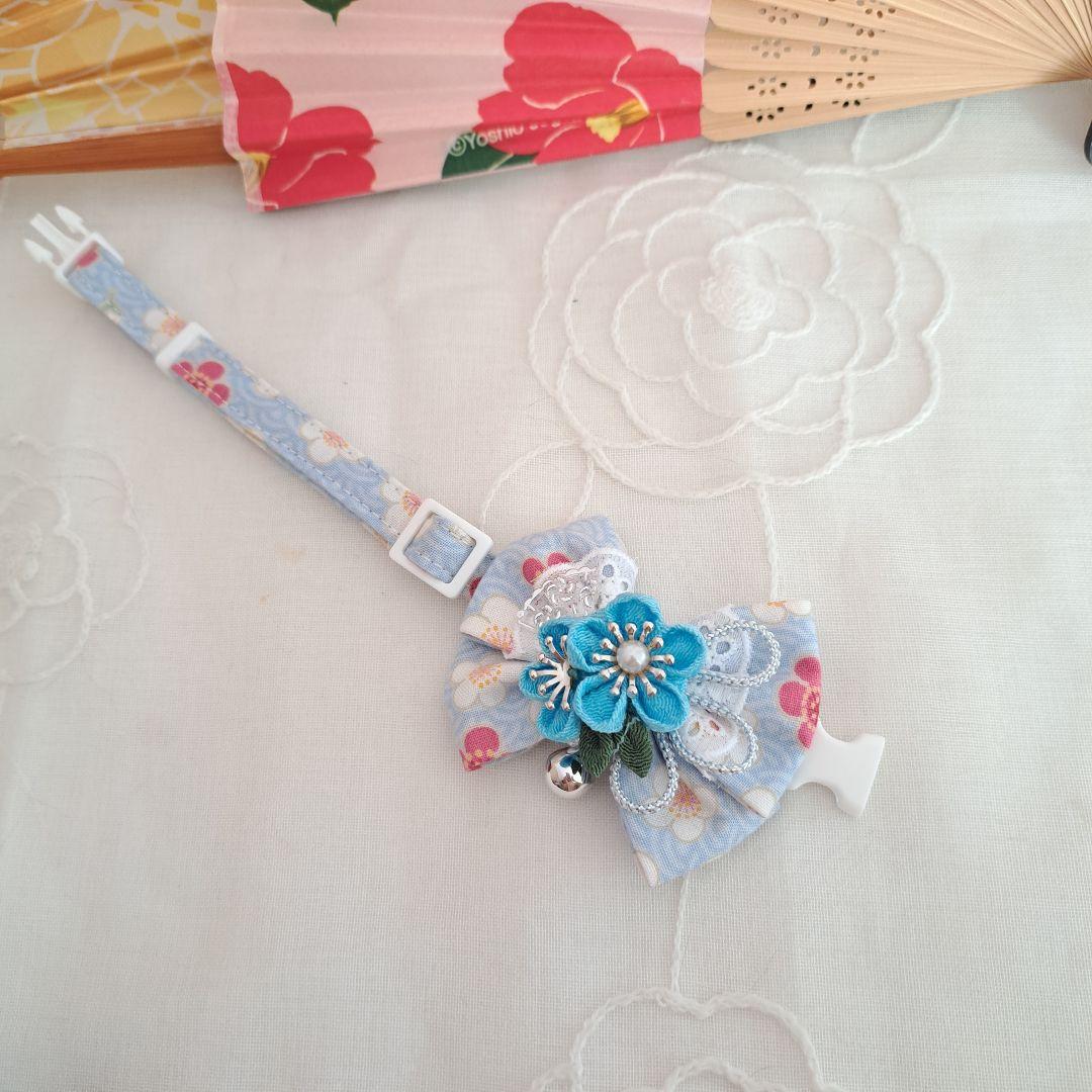 お正月、つまみ細工リボン(水色)わんちゃん猫ちゃん用首輪