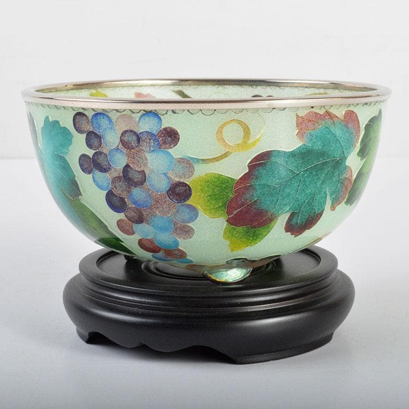 工芸ガラス　銅覆輪　葡萄文　鉢　唐木台付　時代箱付　H　R4332