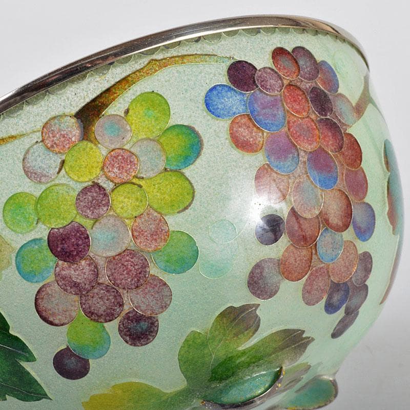 工芸ガラス　銅覆輪　葡萄文　鉢　唐木台付　時代箱付　H　R4332