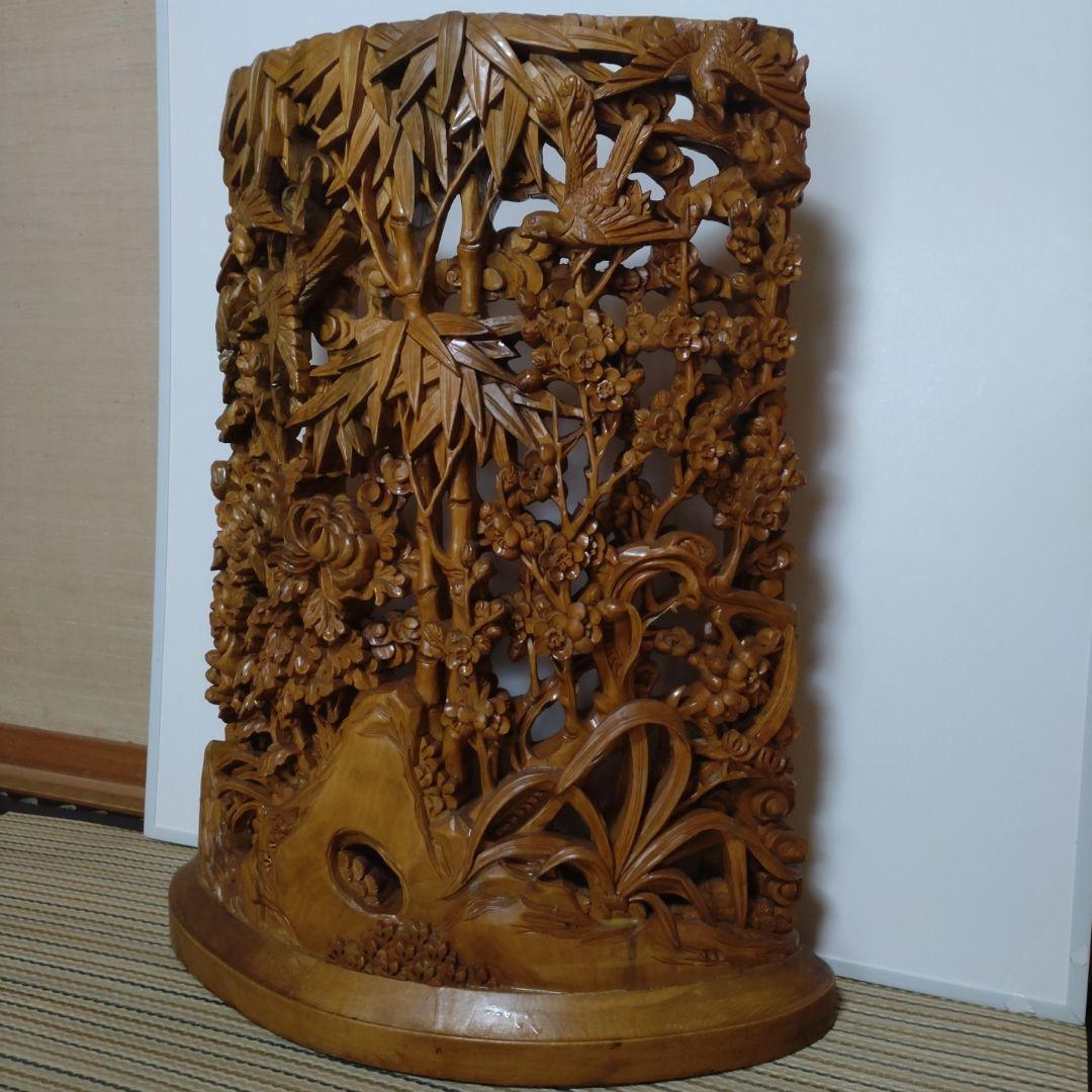 木製インテリア 竹と花の彫刻