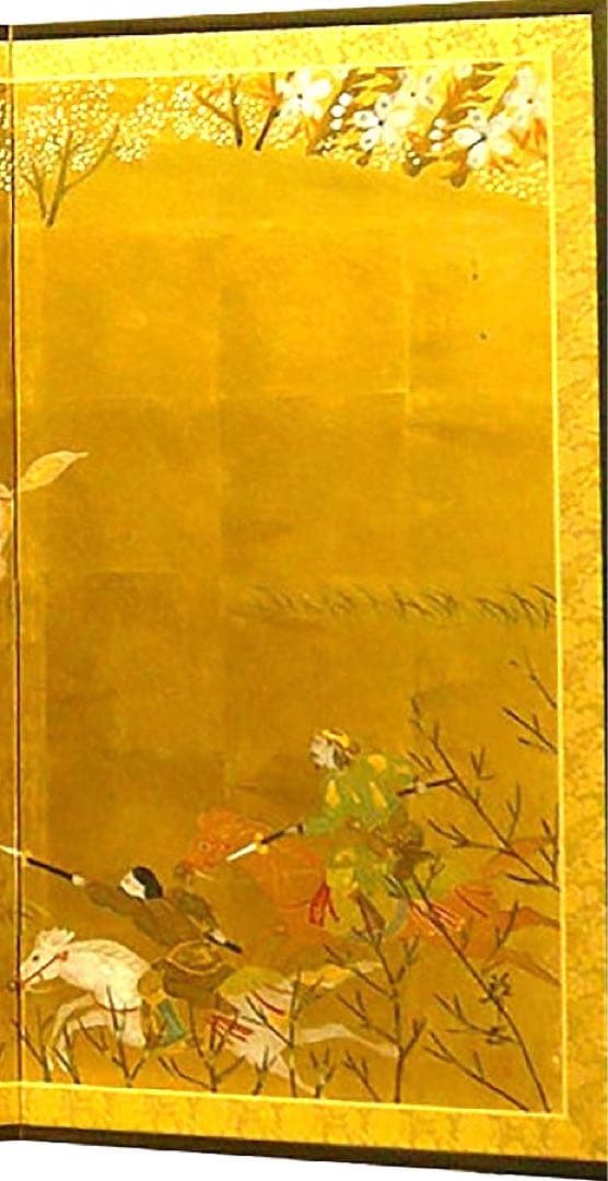 四つ折り屏風　日本画　金箔彩色　蒙古襲来図