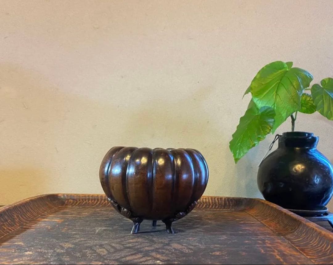 美品　精銅製カボチャ型3足香炉　ミニ色ガラスボトル付　２点セット アンティーク