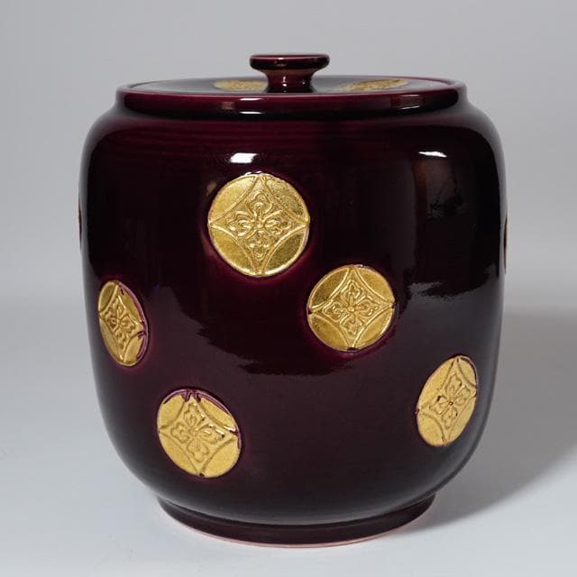 御室窯　紫交趾七宝文皆具　共箱　茶道具　水指　杓立　建水　蓋置