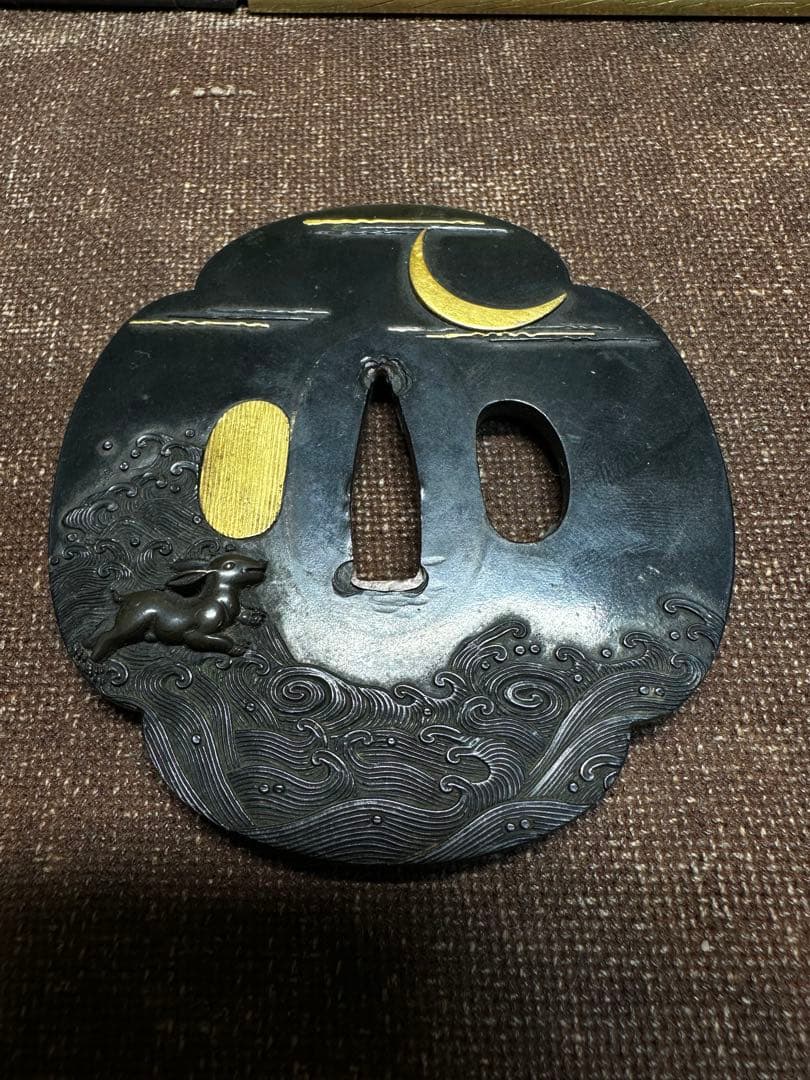 赤銅　鍔　つば　武具　象嵌　波兎　獅子牡丹　江戸時代　骨董古美術