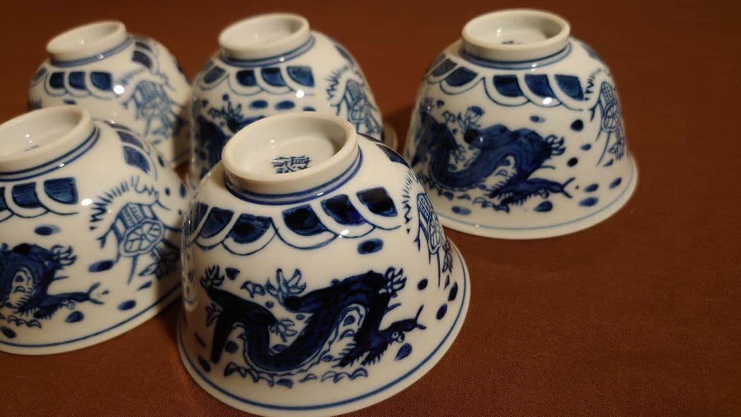 李朝　古伊万里　伊万里　白磁　染付　龍の図　蔵出し　５客