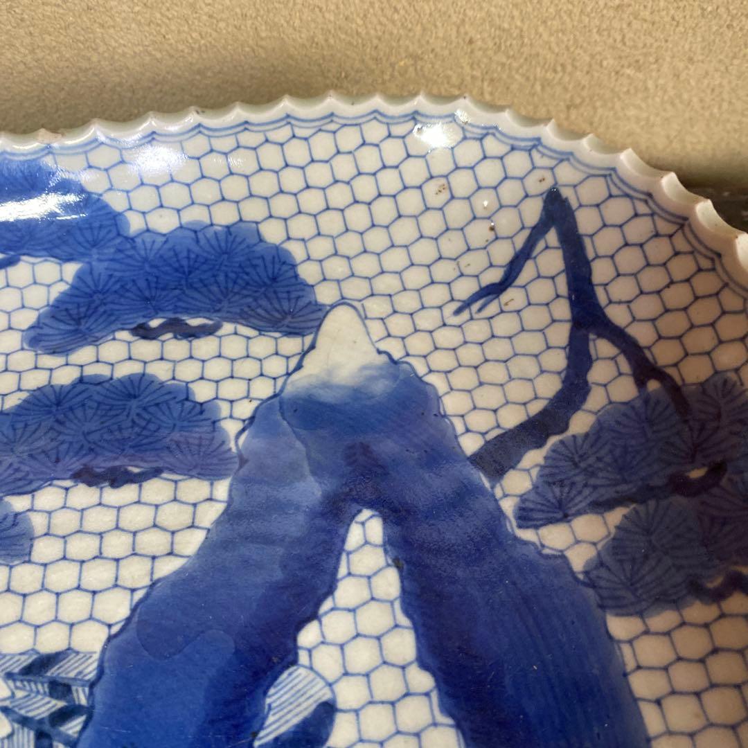 古伊万里江戸後期染付鷹狩り図大皿