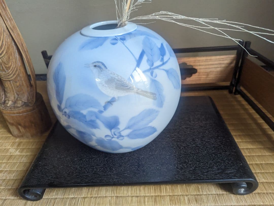 宮内庁御用達 深川製磁 有田焼 花瓶 官窯染付 鳥 白磁 藍絵 特大 花入共箱