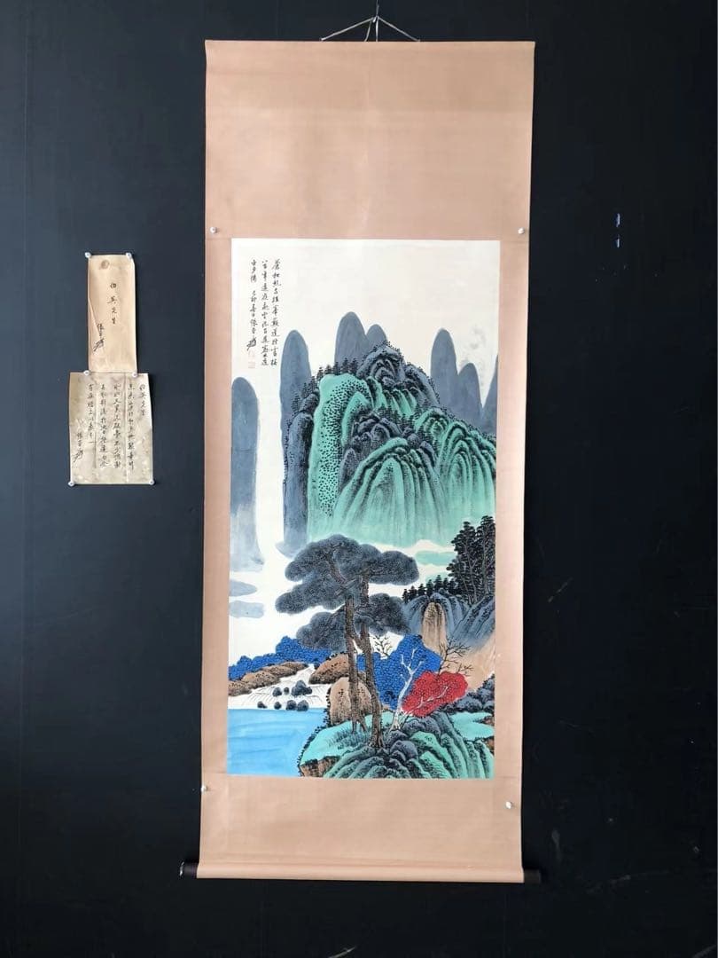 中国画 掛け軸 山水画 中堂 四尺 手描き 彩色 水墨 山岳 風景画 中国美術
