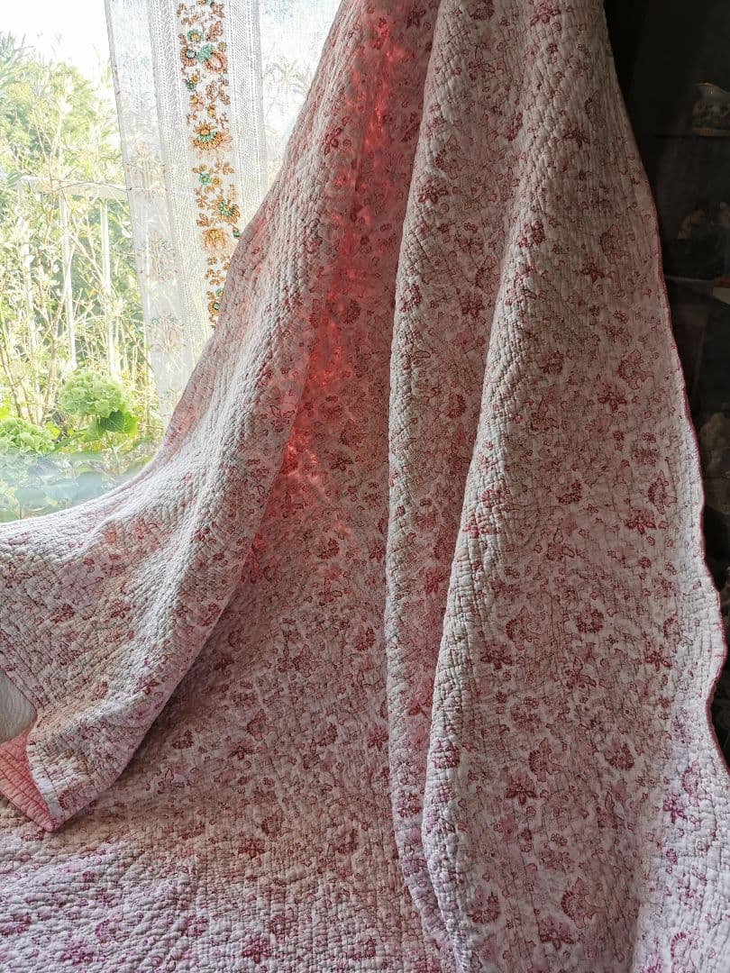 アンティーク英国 ウェールズ/ダーラムキルト 花更紗ペイズリー ハンドステッチ