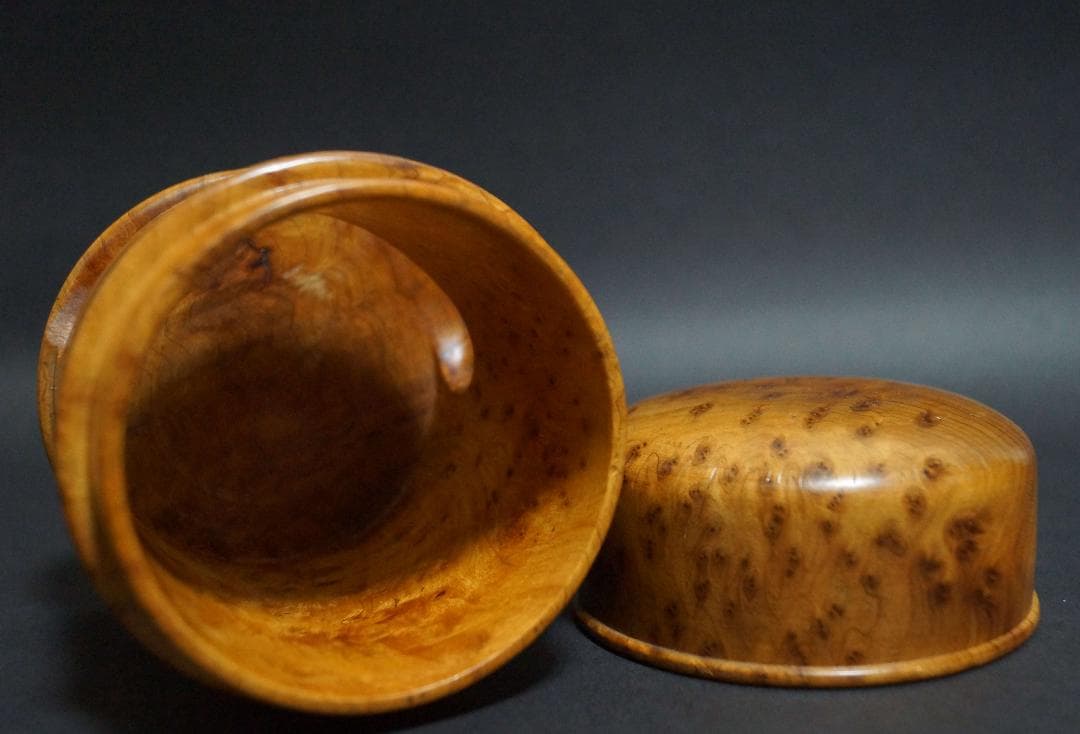 煎茶道具 唐木カリン花梨 玉杢 葡萄杢 茶托6客 造形茶托入れセット美しい木目