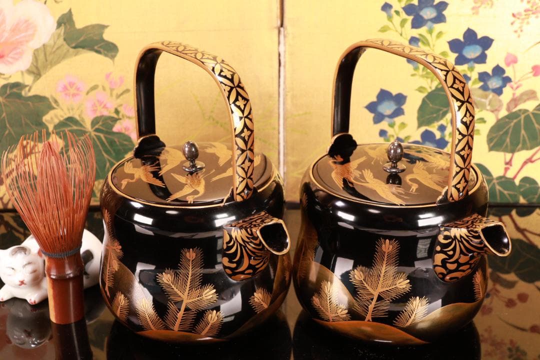 BJ009 高級漆器　時代輪島塗　若松鶴蒔絵　銚子 一対　銀摘　酒道具　懐石道具
