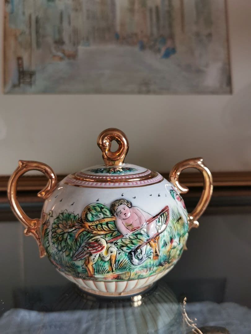 アンティークイタリア カポディモンティ 子供と鳥 実り 釣り 収穫シュガーポット