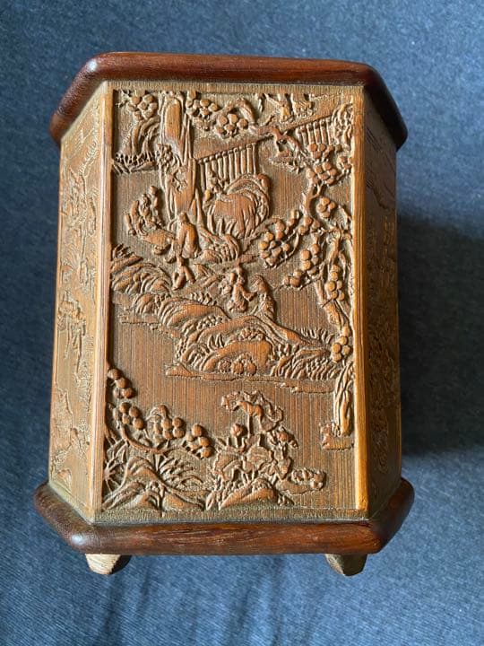 中国古美術品　細工彫り 竹筆筒