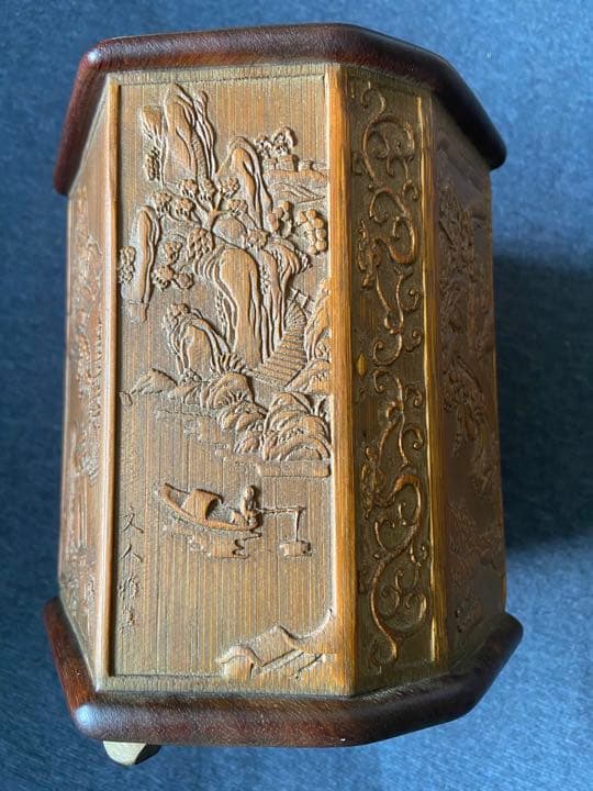 中国古美術品　細工彫り 竹筆筒